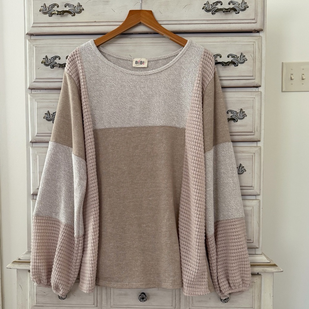 Vici Beige Knit Mixed Media Top